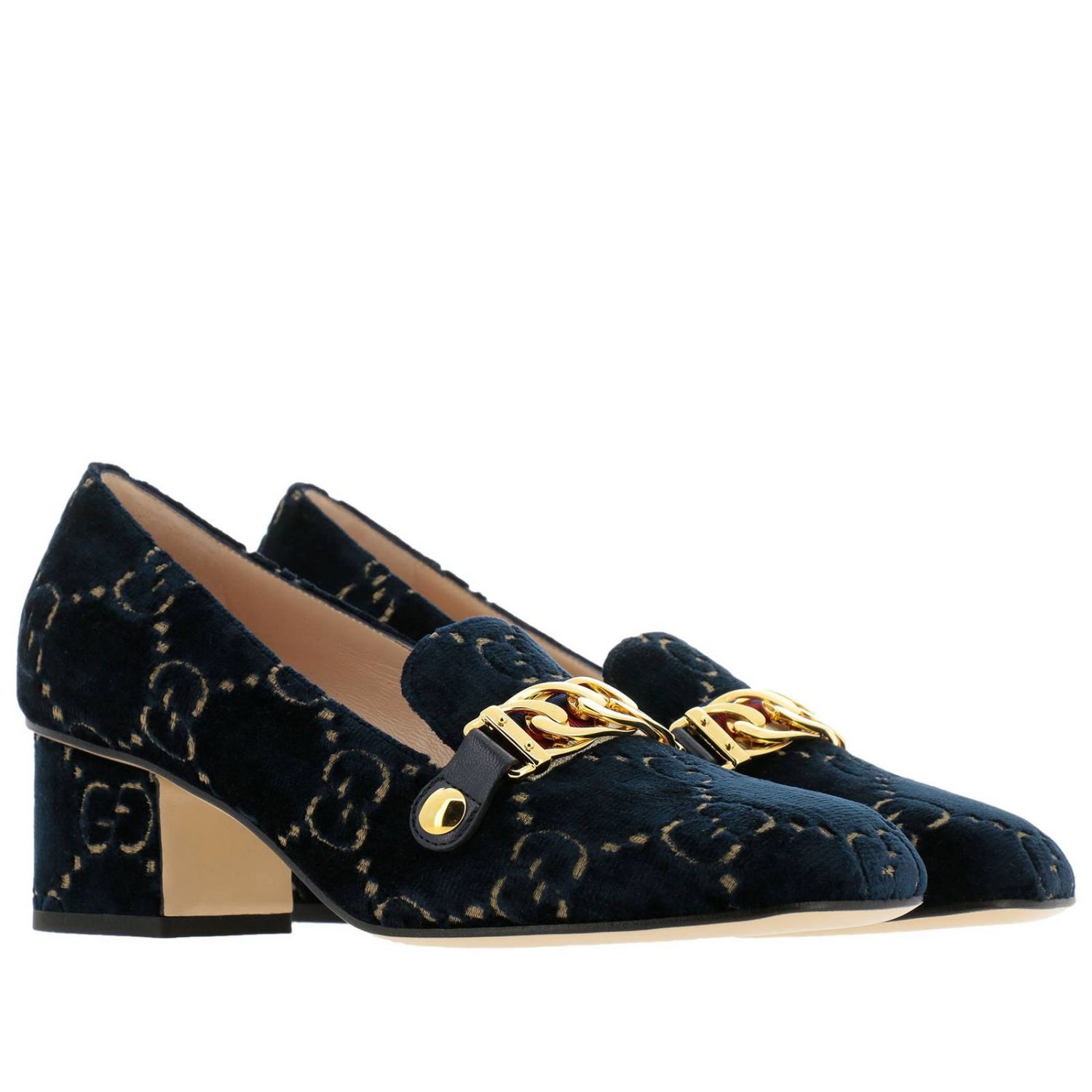 GUCCI: Mocassino in velluto GG Supreme con catena metallica - Blue | Scarpe  Con Tacco Gucci 525082 9TI10 GIGLIO.COM