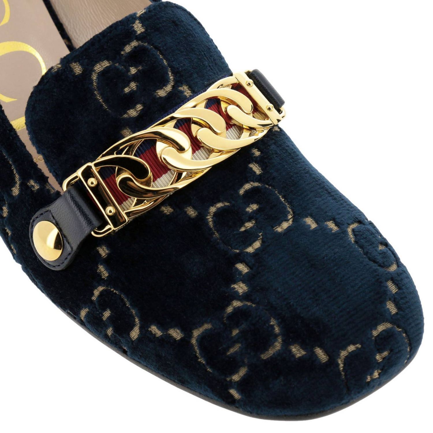 GUCCI: Mocassino in velluto GG Supreme con catena metallica - Blue | Scarpe  Con Tacco Gucci 525082 9TI10 GIGLIO.COM