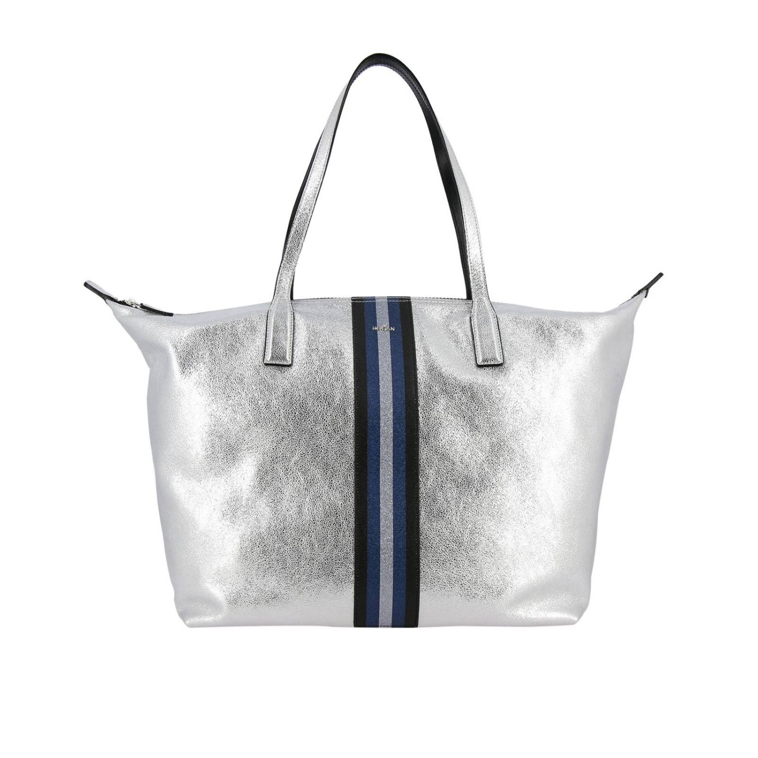 Hogan Outlet: Borsa shopping medium in pelle laminata con banda glitter a  righe e logo metallico - Argento | Borsa A Spalla Hogan GCWAAHA1300 JVD  GIGLIO.COM