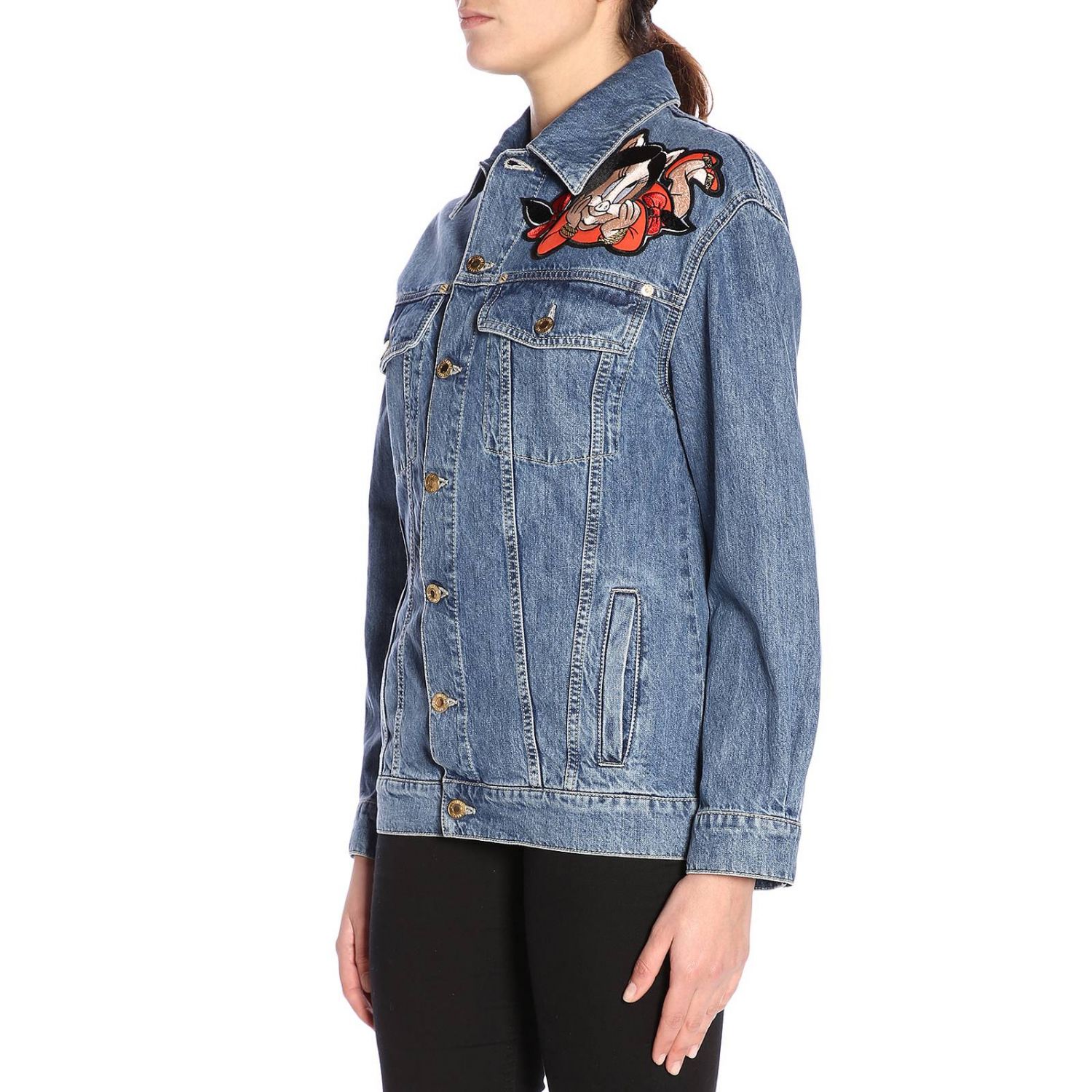 Moschino Couture Outlet: Giubbotto di jeans effetto used con maxi patch  Porky Pig by Moschino - Denim | Giacca Moschino Couture 0579 1020 GIGLIO.COM