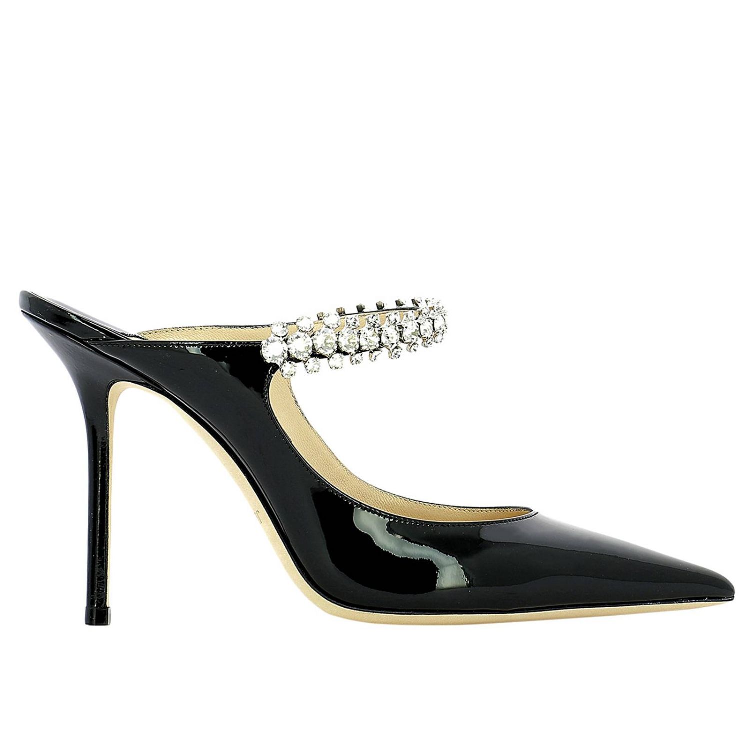 High heel shoes Jimmy Choo: Bing pointed toe décolleté in patent leather with jeweled crystal buckle black 1