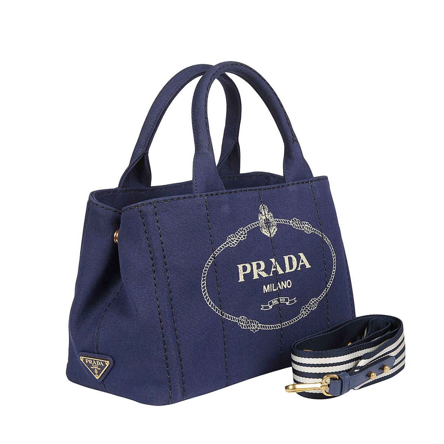 PRADA Borsa shopping in tela con stampa logo e tracolla a righe