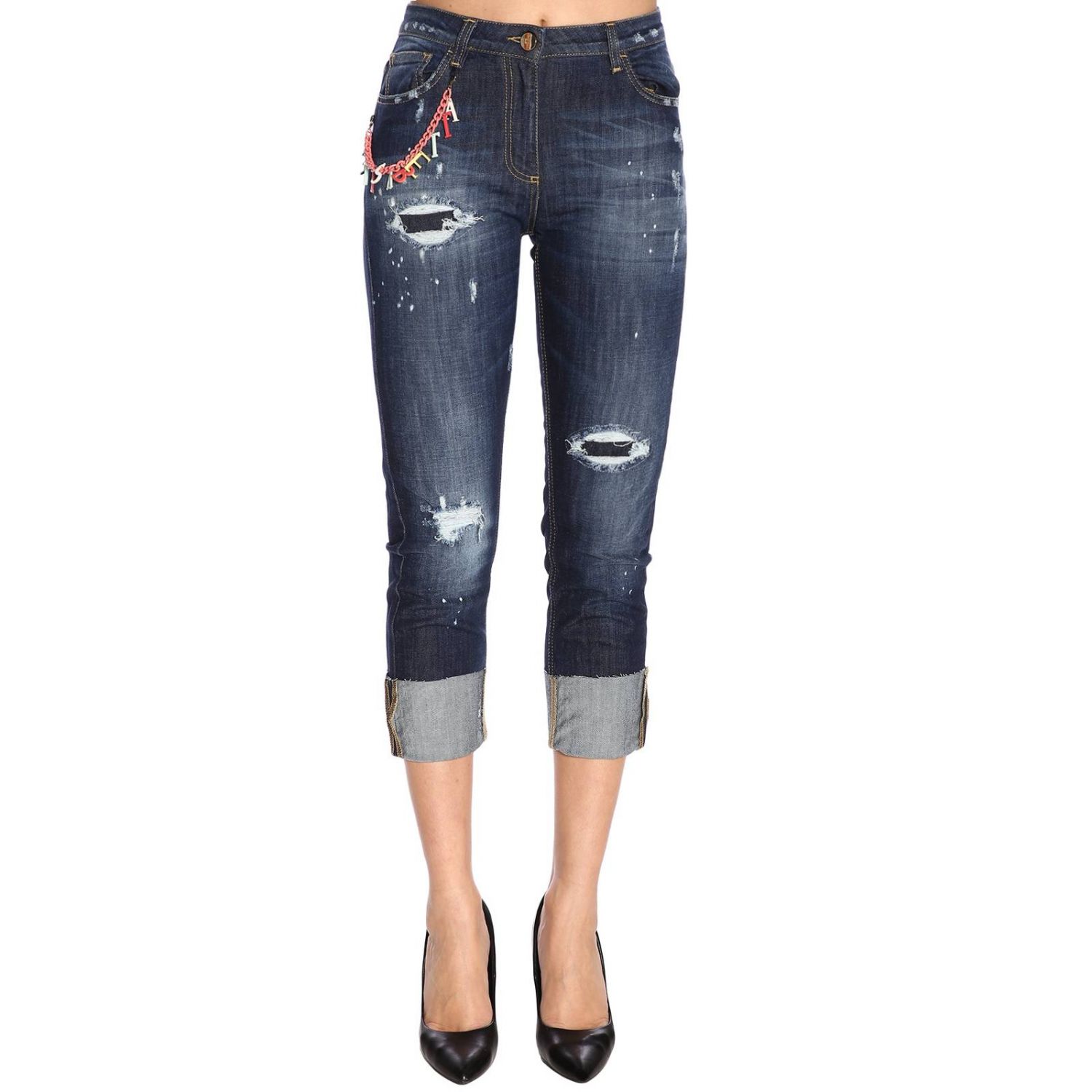 Elisabetta Franchi Outlet: Jeans destroyed a 5 tasche in denim used con  rotture e catena by - Denim | Jeans Elisabetta Franchi PJ12S 91E2 GIGLIO.COM
