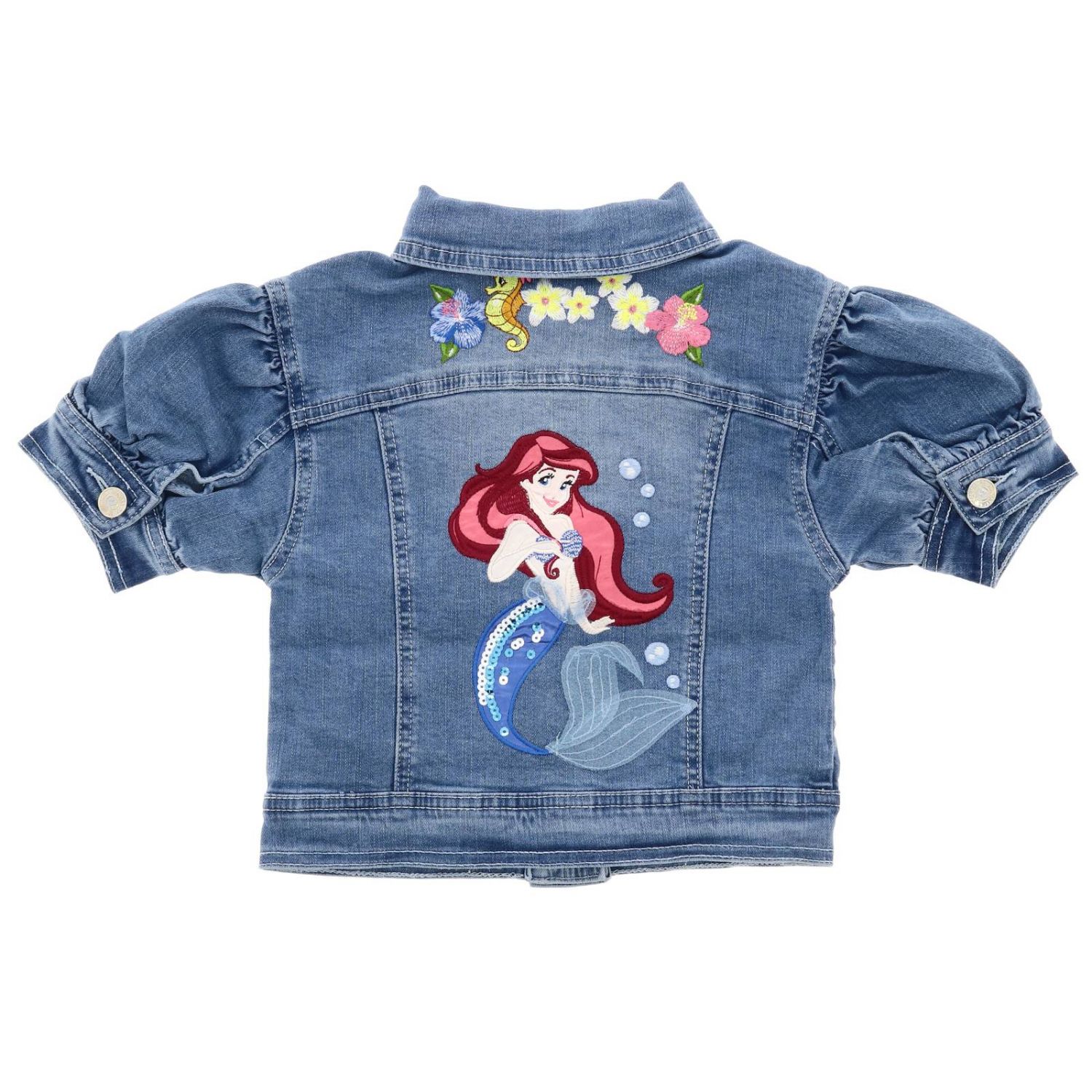 Monnalisa Outlet: Giacca di jeans a maniche corte con patch della sirenetta  - Blue | Giacca Monnalisa 193109RH 3028 GIGLIO.COM