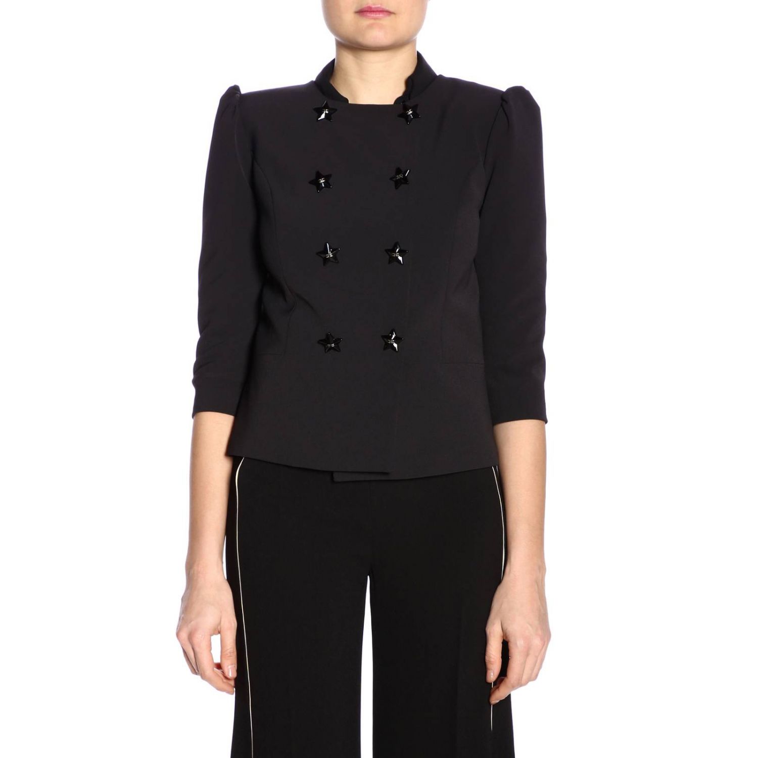 Elisabetta Franchi Outlet: Giacca a girocollo con bottoni a forma di stelle  e plissettatura posteriore - Nero | Blazer Elisabetta Franchi GI117 91E2  GIGLIO.COM