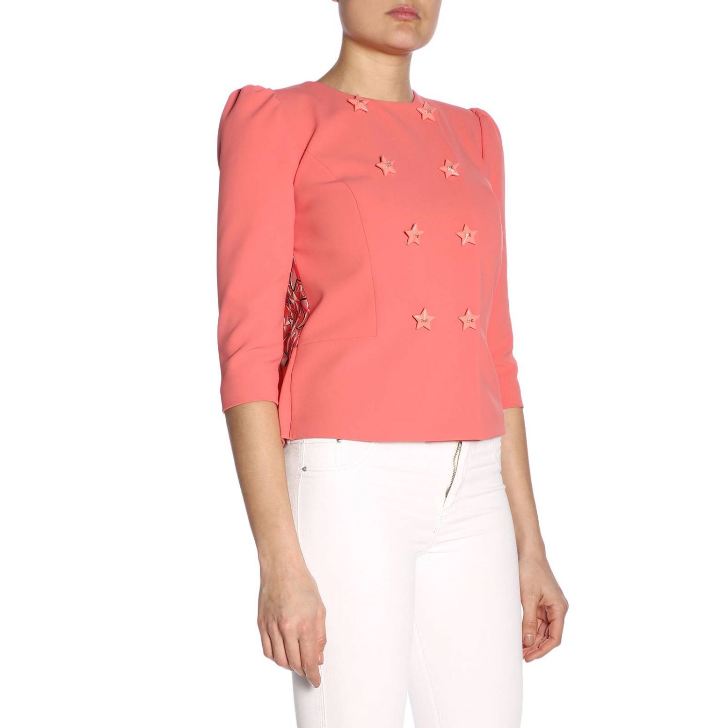Elisabetta Franchi Outlet: Giacca a girocollo con bottoni a forma di stelle  e plissettatura posteriore - Salmone | Blazer Elisabetta Franchi GI117 91E2  GIGLIO.COM
