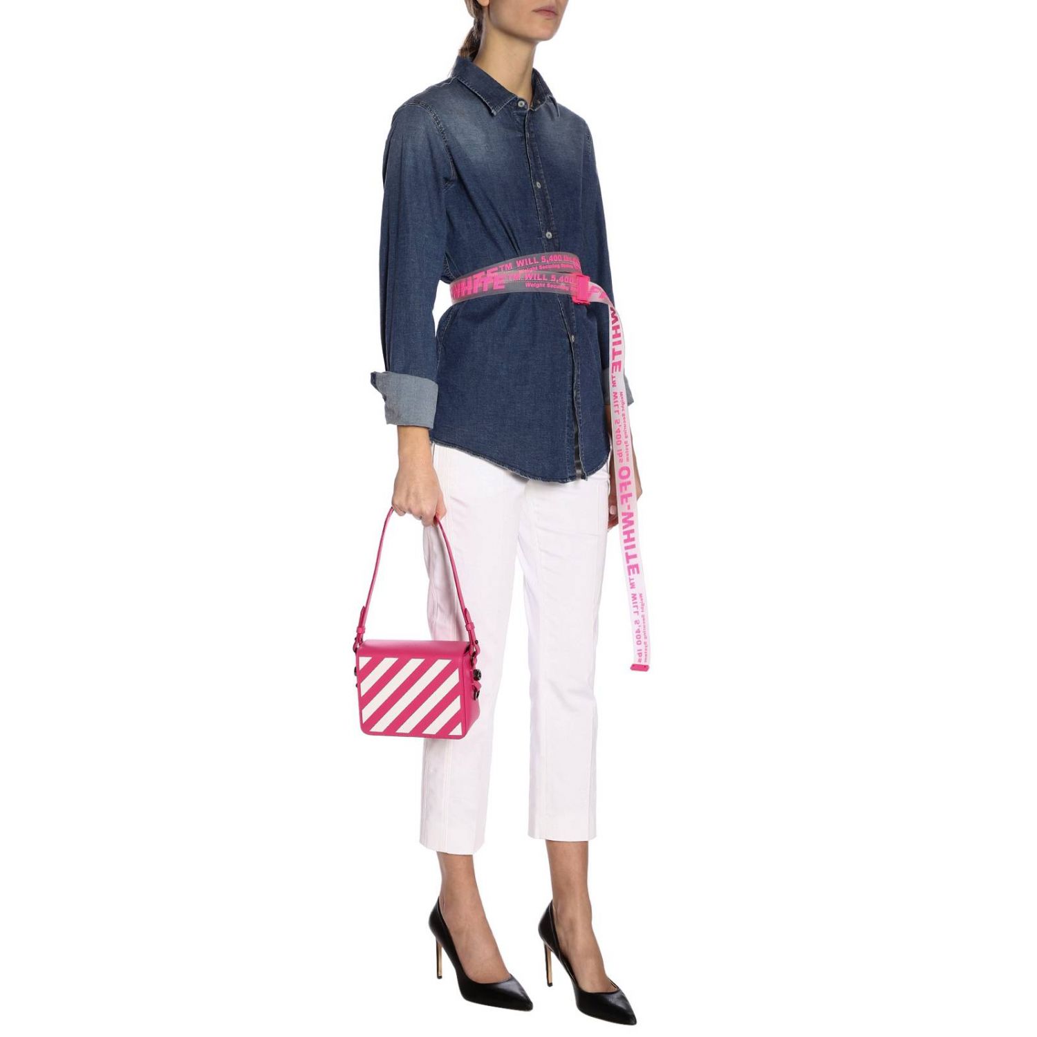 OFF-WHITE: Borsa mini a tracolla in pelle con stampa a righe diagonali e  logo Off White - Fuxia | Borse A Tracolla Off-White OWNA011R1942 3082  GIGLIO.COM