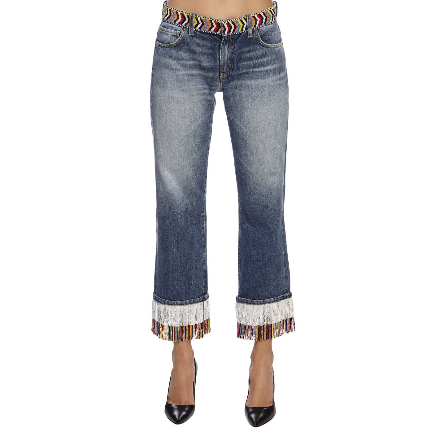 Alanui Outlet: Jeans in denim used con fondo di micro frange di perline -  Blue | Jeans Alanui LWYA001R19023021 GIGLIO.COM