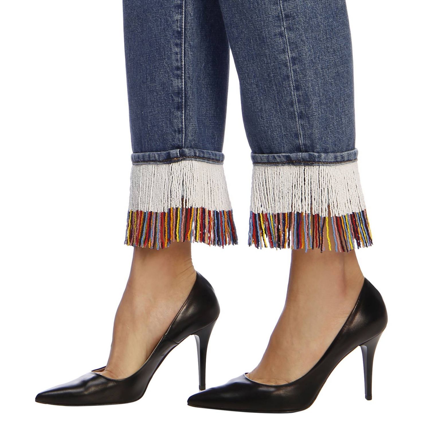 Alanui Outlet: Jeans in denim used con fondo di micro frange di perline -  Blue | Jeans Alanui LWYA001R19023021 GIGLIO.COM
