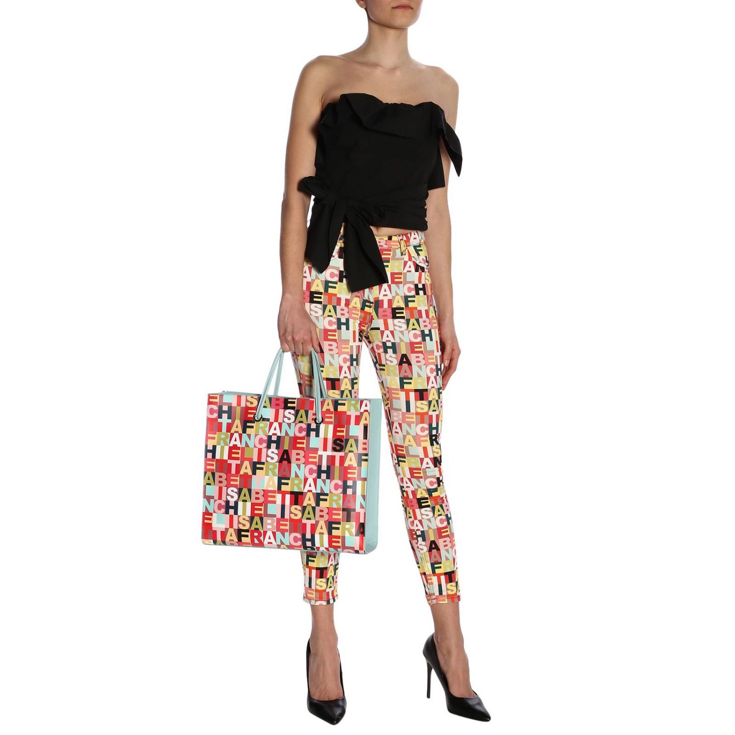 Elisabetta Franchi Primavera Estate 2020 borsa a mano bianca con lettering  nero - BS-53A-02E2-V259 309