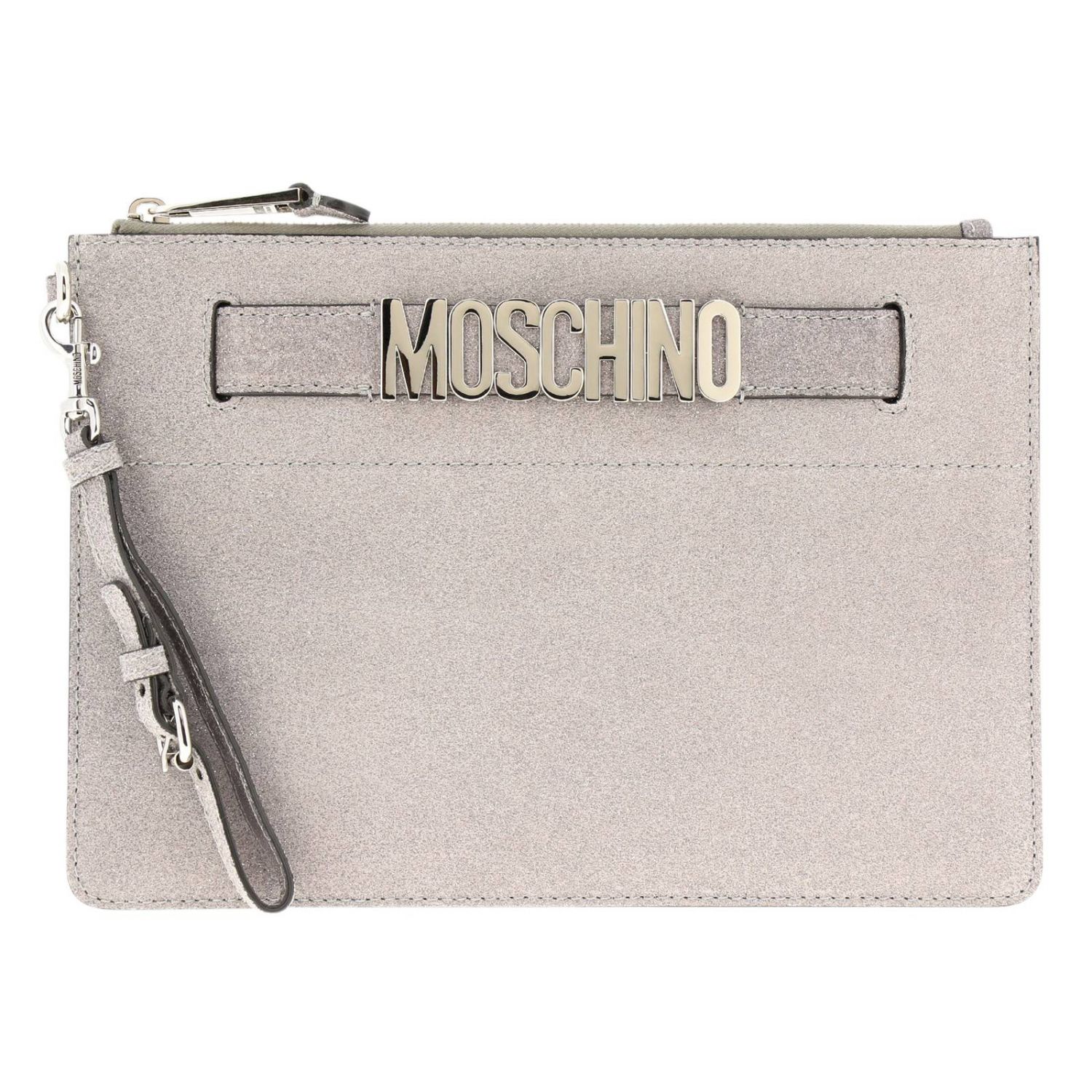 Boutique Moschino Outlet: Pochette in tessuto glitter con maxi logo  metallico - Argento | Clutch Boutique Moschino 8424 8008 GIGLIO.COM