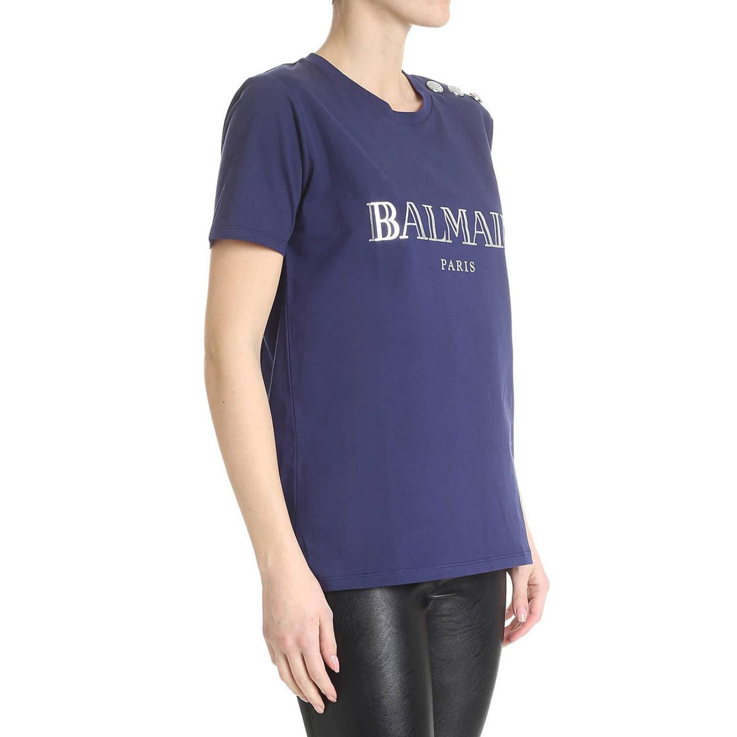 BALMAIN Tshirt a girocollo con maxi stampa Paris e bottoni TShirt