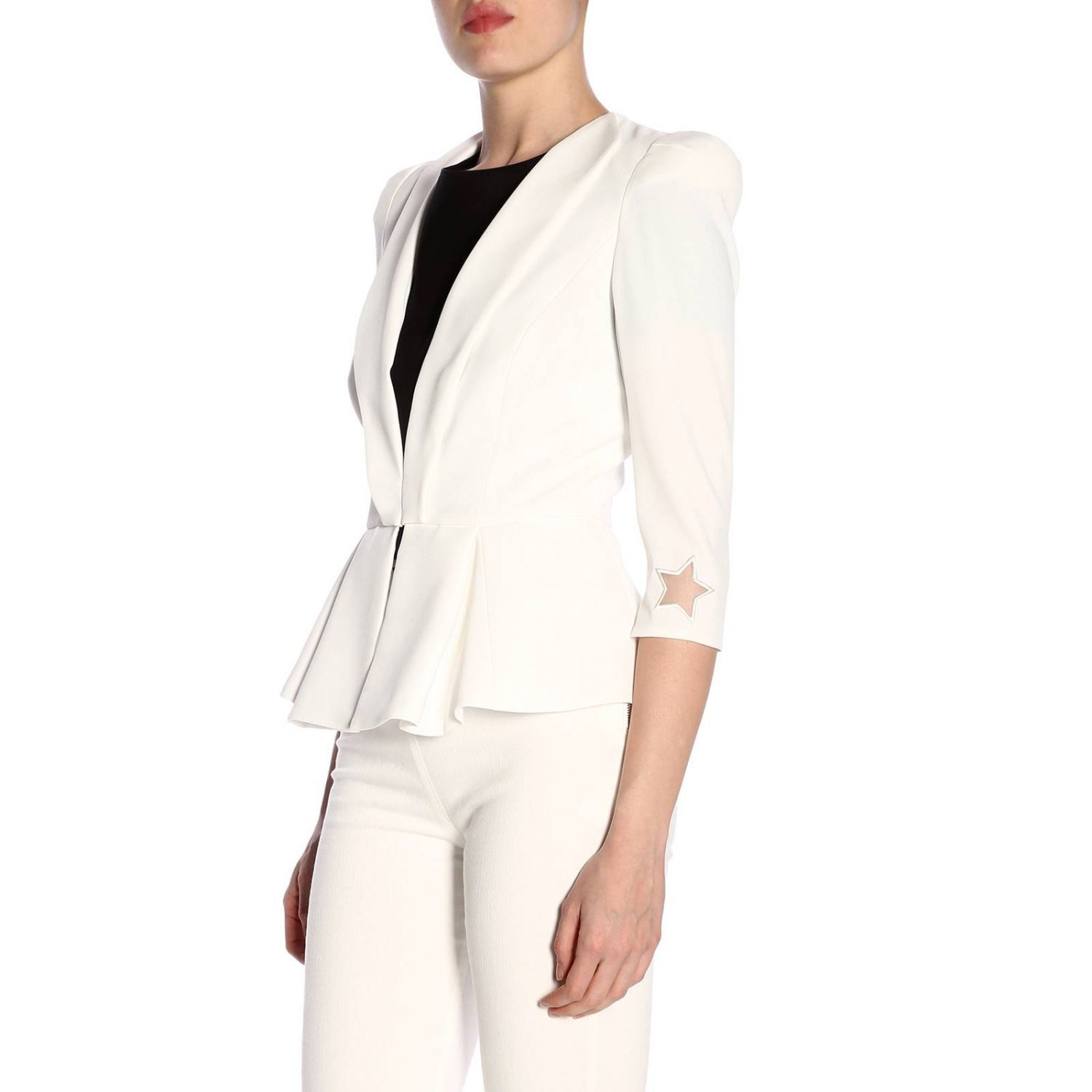Elisabetta Franchi Outlet: Giacca con maniche a 3/4 e stelle traforate -  Avorio | Giacca Elisabetta Franchi GI121 91E2 GIGLIO.COM
