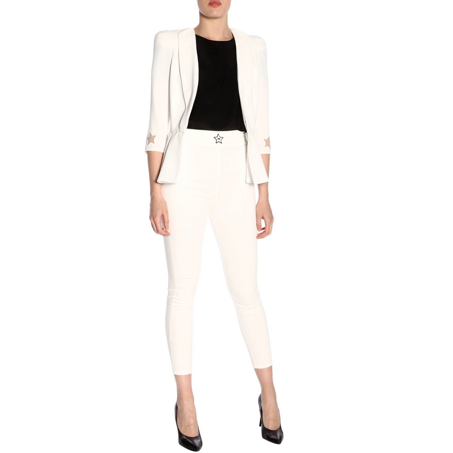 Elisabetta Franchi Outlet: Giacca con maniche a 3/4 e stelle traforate -  Avorio | Giacca Elisabetta Franchi GI121 91E2 GIGLIO.COM