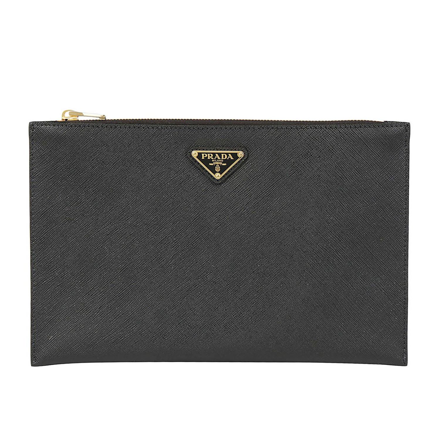 PRADA: leather clutch bag with triangular logo - Black | Wallet Prada ...