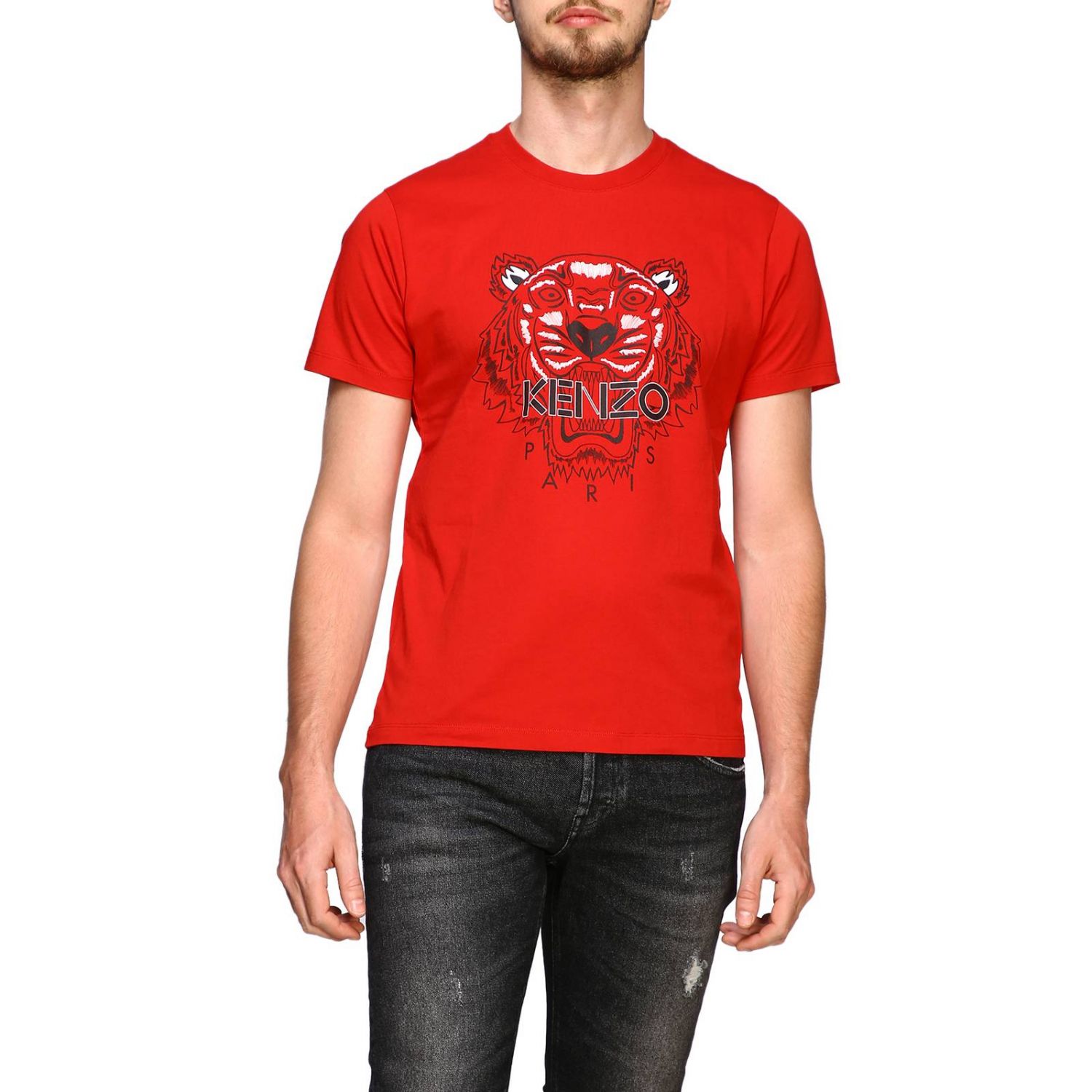 de Kenzo: Camiseta de algodón de manga corta con estampado Tiger Paris, Rojo | Camiseta Kenzo F965TS0504YA en línea en GIGLIO.COM