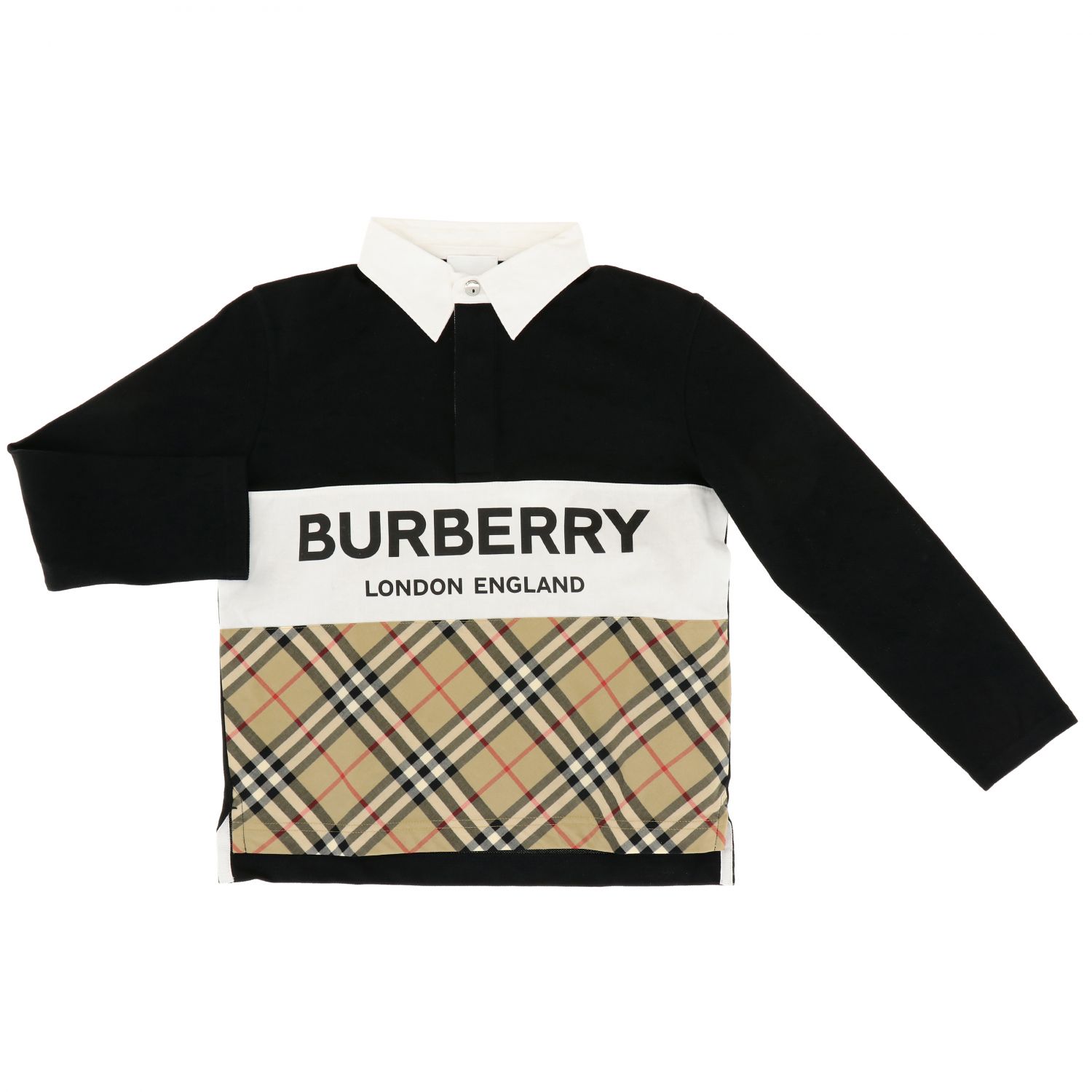 Outlet de Burberry: Camisa polo de manga larga con detalle de cuadros y  logo, Negro | Polo Burberry 8012393 en línea en 