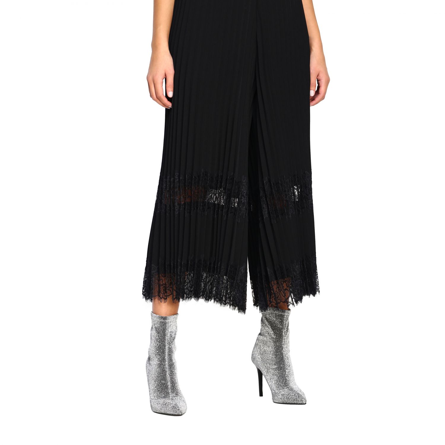 Twinset Outlet: Pantalone Twin-set palazzo in crêpe de chine plissettato  con intarsi in pizzo - Nero 1 | Pantalone Twinset 192TP2283 GIGLIO.COM