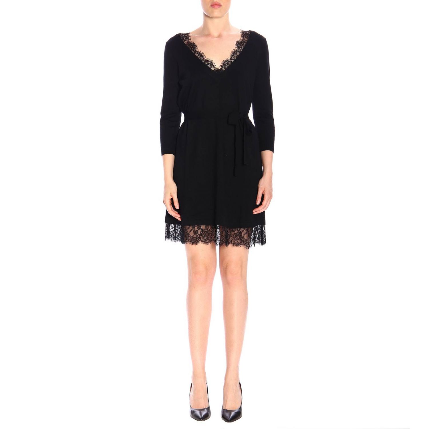 Twinset Outlet Twinset short dress with lace application Black