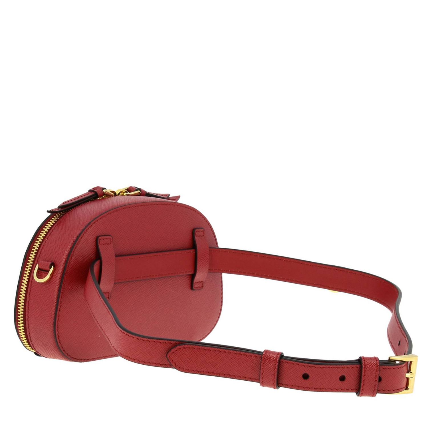 PRADA: mini pouch in saffiano leather with triangular logo - Red ...