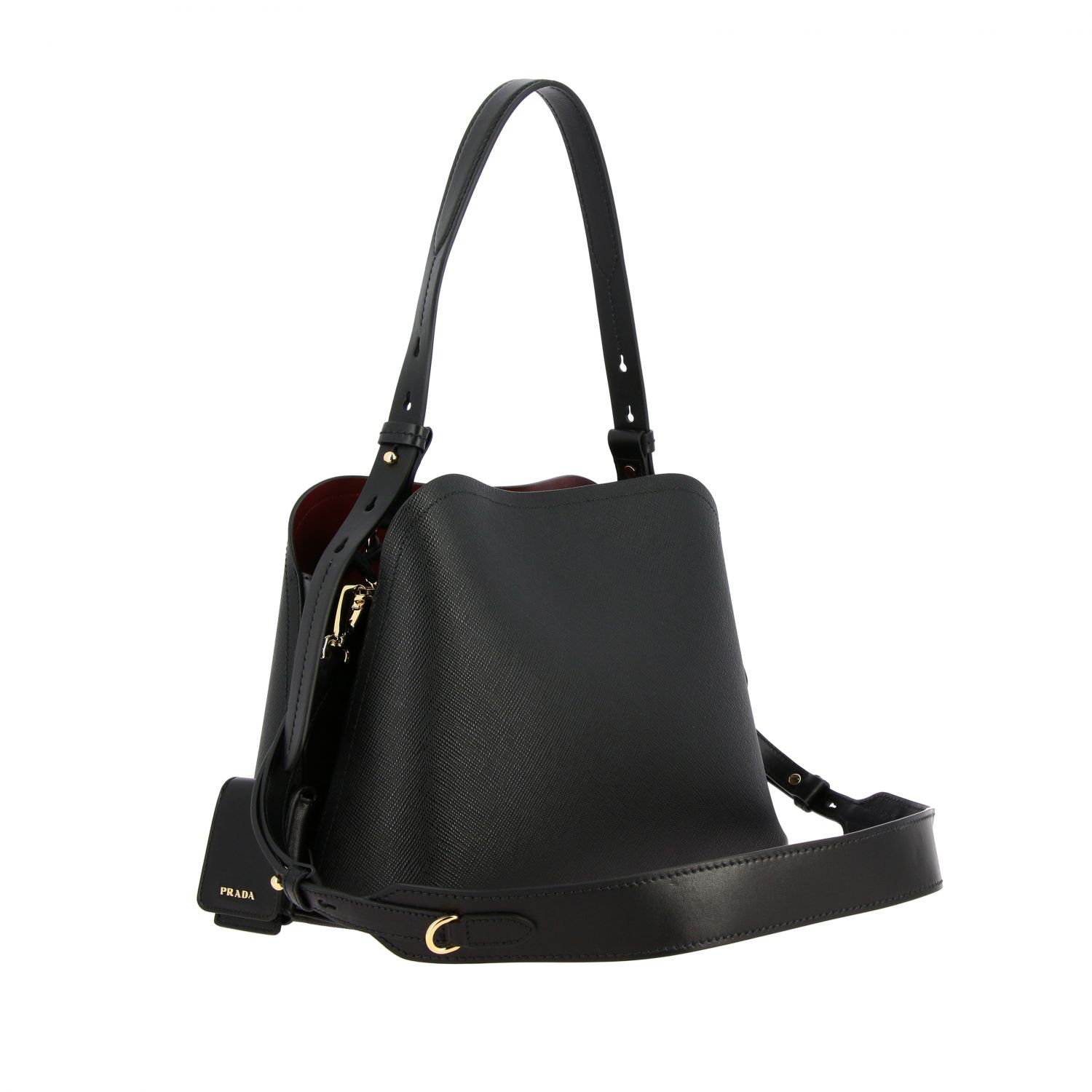 PRADA: shoulder bag in textured leather with triangular logo and ...