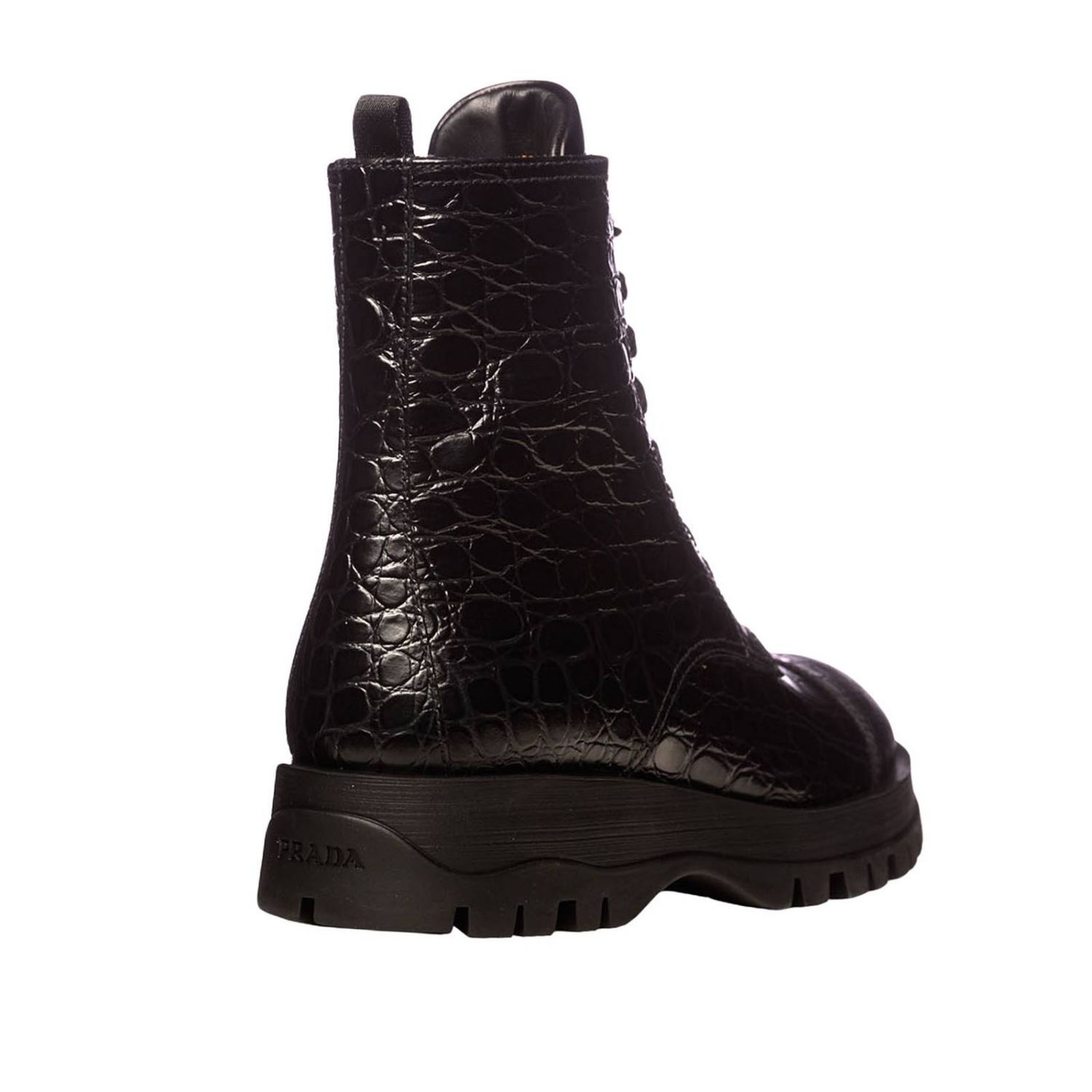 PRADA: lace-up booties in croc print leather with zip and logo - Black ...