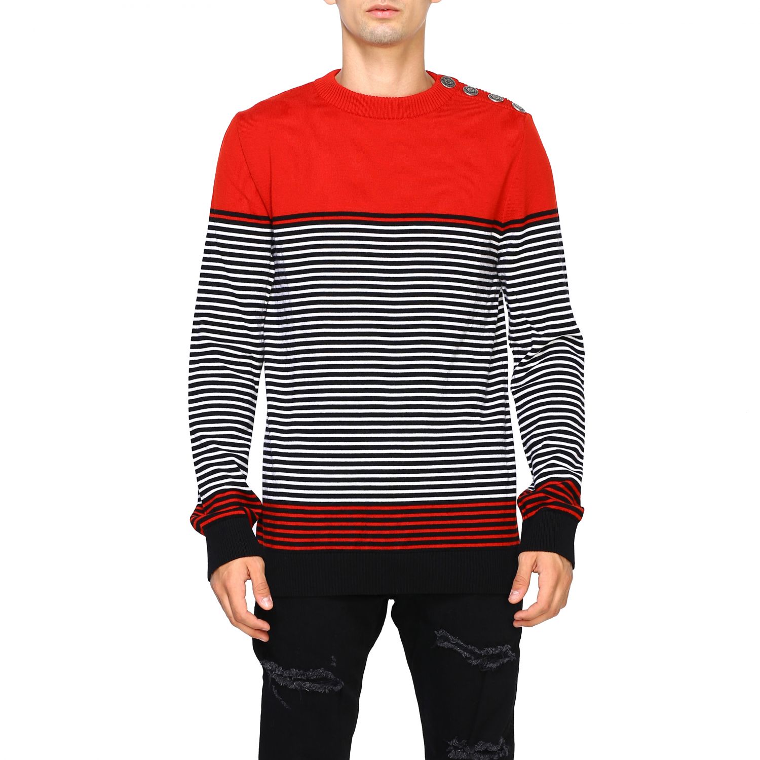 BALMAIN: crew-neck sweater with jewel buttons - Red | Sweater Balmain ...