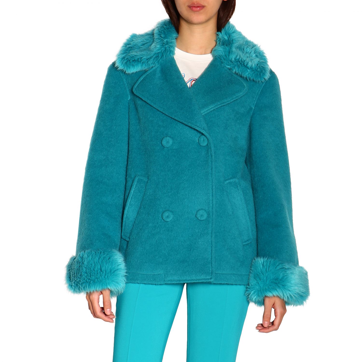 Moschino Couture Outlet: Jacket women - Turquoise | Fur Coats Moschino ...