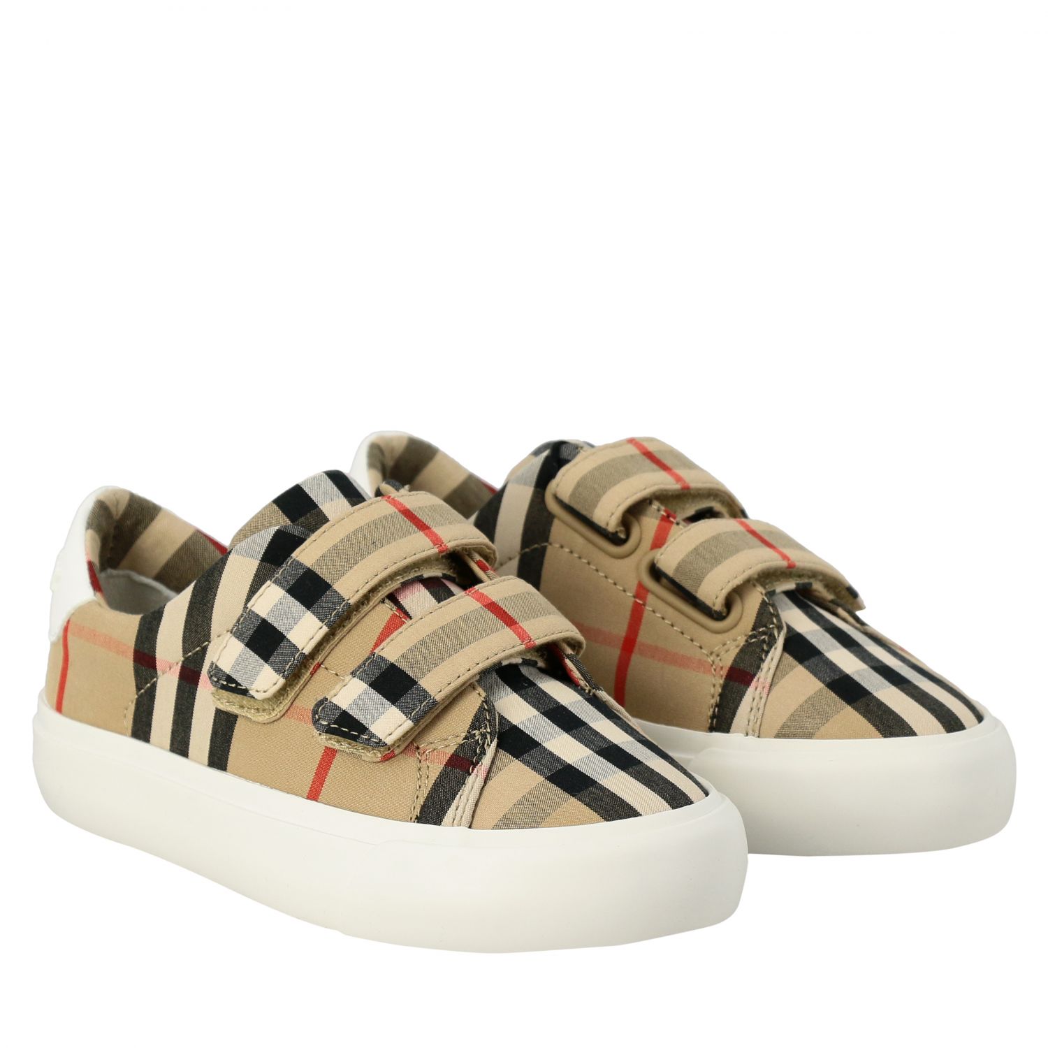 BURBERRY: sneakers in check fabric with double buckle - Beige ...