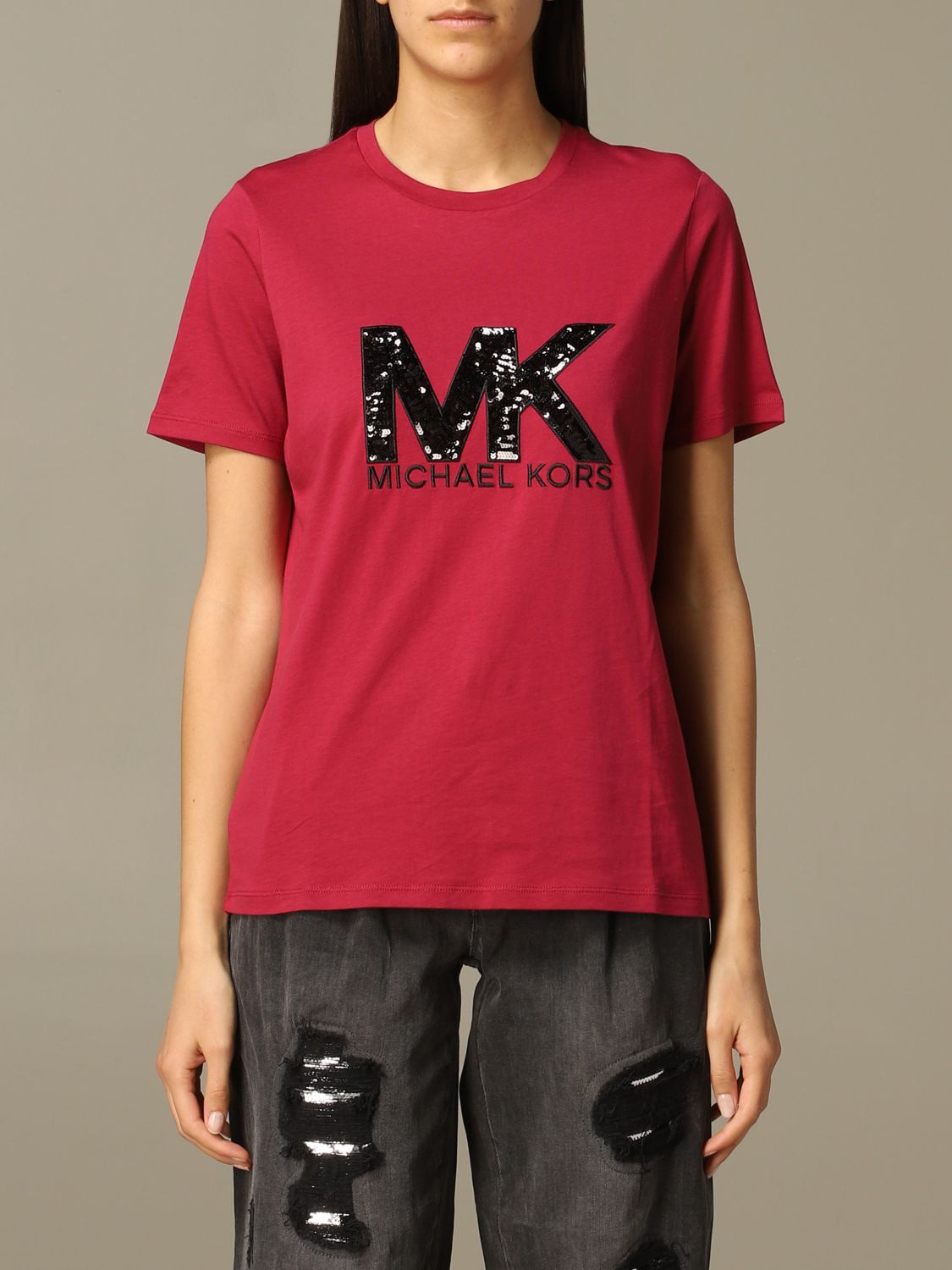 MICHAEL KORS: Michael t-shirt with sequin logo - Red | Michael Kors t-shirt  MH95MCE97J online on 
