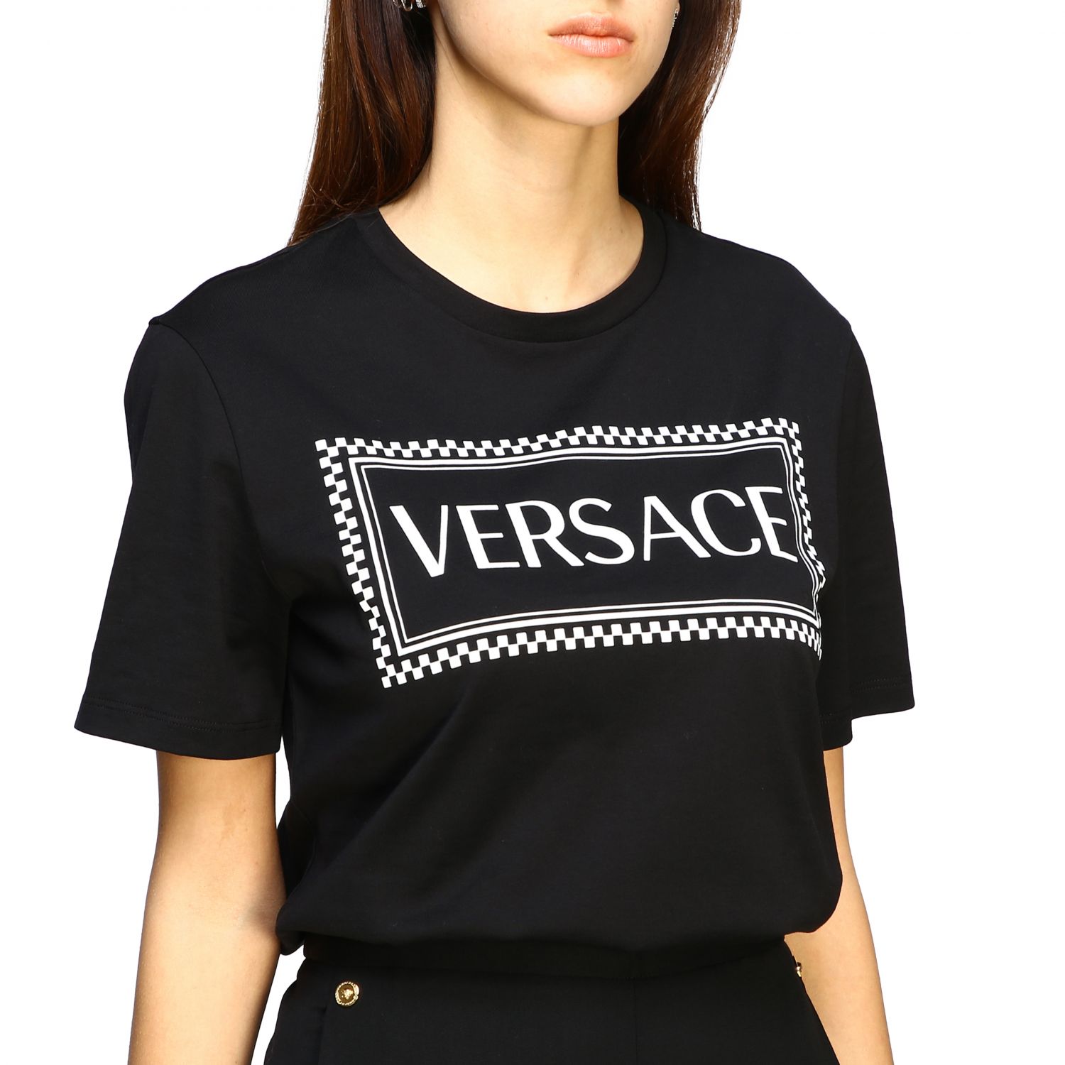 Versace Outlet: short-sleeved T-shirt with logo | T-Shirt Versace Women Black | T-Shirt Versace 