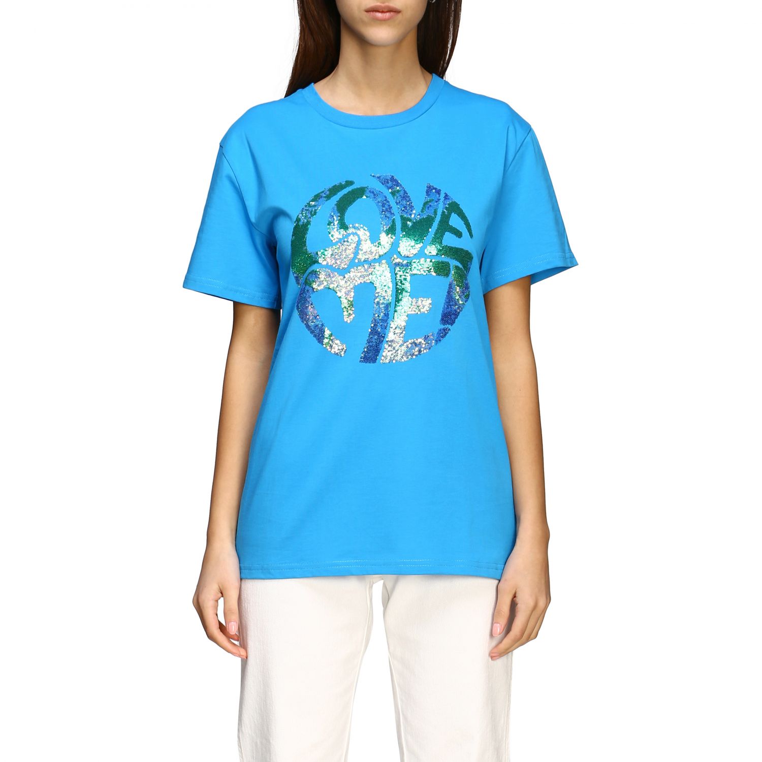T-Shirt Alberta Ferretti: Alberta Ferretti T-Shirt mit Pailletten Schriftzug hellblau 1