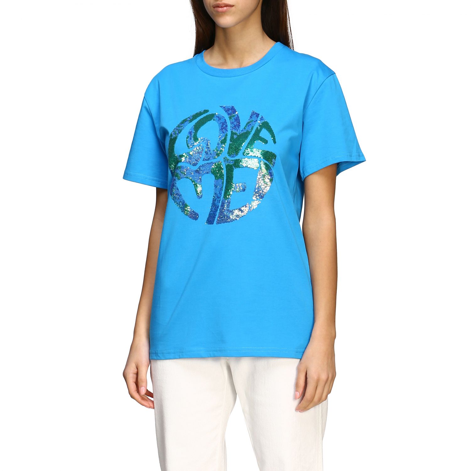 T-Shirt Alberta Ferretti: Alberta Ferretti T-Shirt mit Pailletten Schriftzug hellblau 4