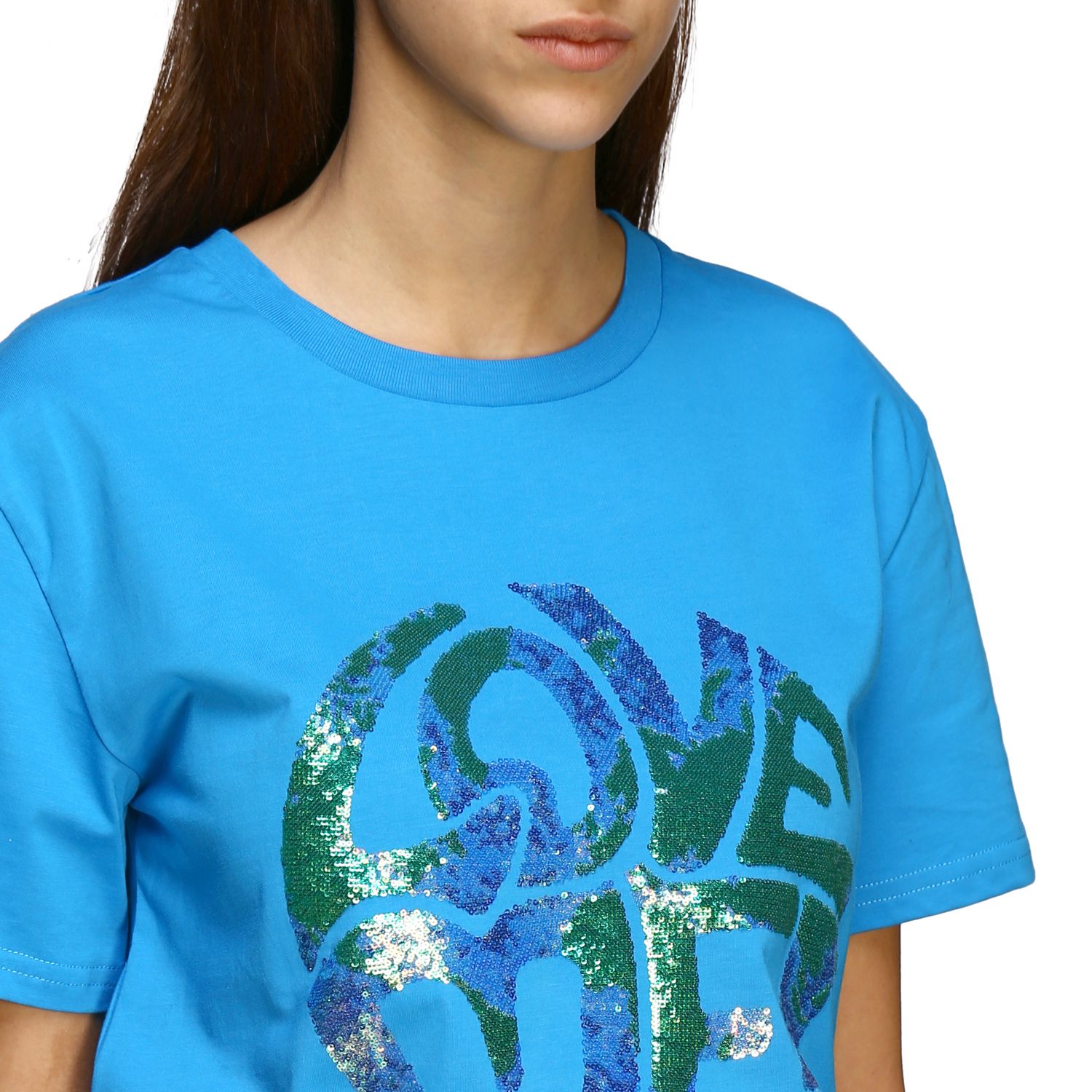 T-Shirt Alberta Ferretti: Alberta Ferretti T-Shirt mit Pailletten Schriftzug hellblau 5