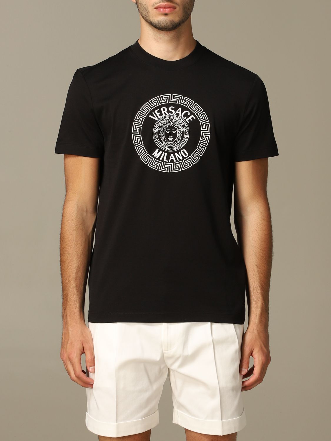 VERSACE: short-sleeved T-shirt with Medusa head print - Black | Versace ...