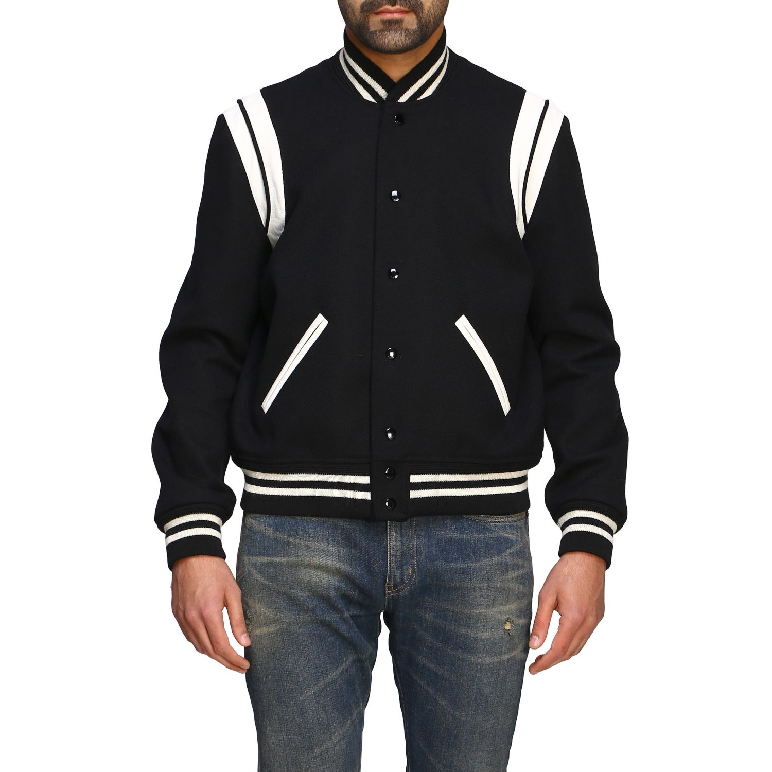 SAINT LAURENT: bomber jacket with striped edges - Black | Saint Laurent ...