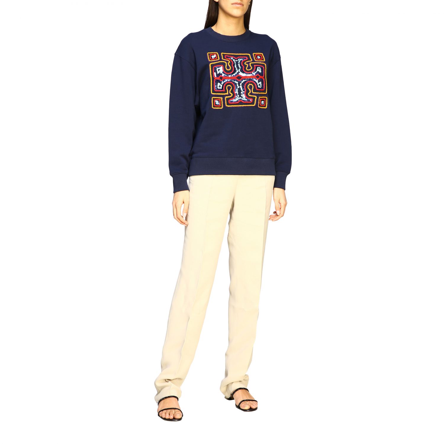 Tory Burch Outlet: crewneck sweatshirt with emblem - Blue | Tory Burch  sweatshirt 61292 online on 