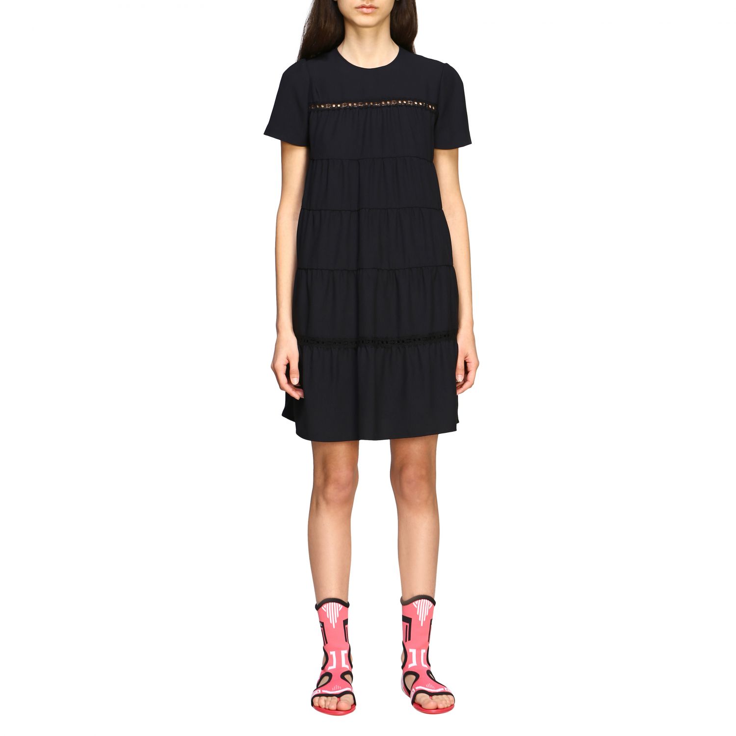 PRADA: mini dress in poplin with micro embroidered finishes - Black ...