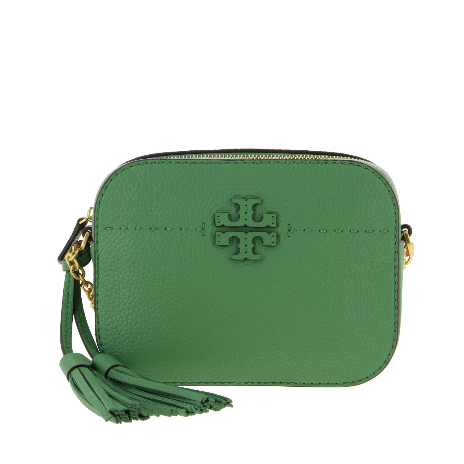 TORY BURCH: shoulder bag in textured leather with emblem - Mint | Tory ...