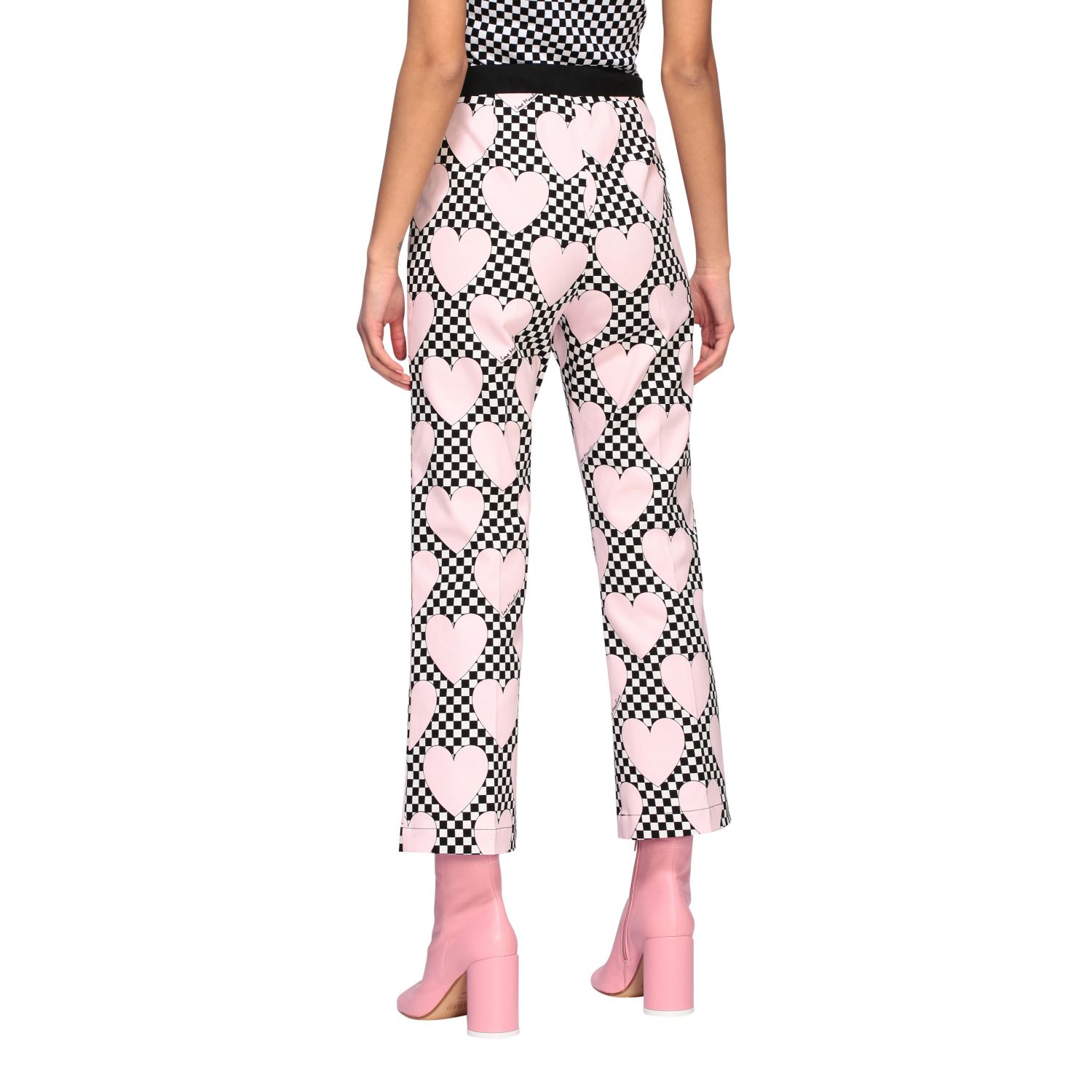 Love Moschino Outlet Pantalone con fondo a scacchi e maxi cuori Rosa