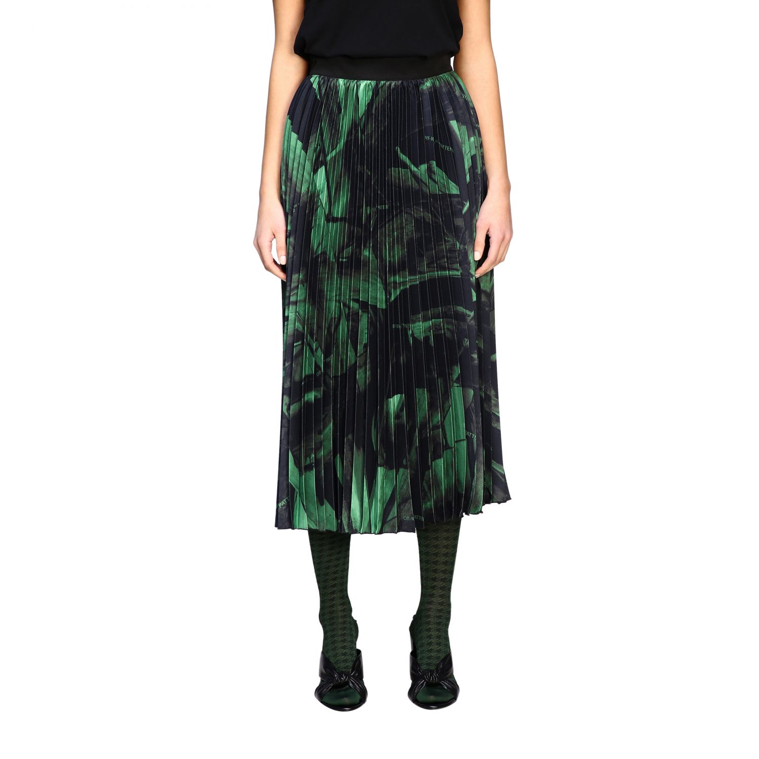 Off-white Pleated Printed Silk-crepe Midi Skirt In Black