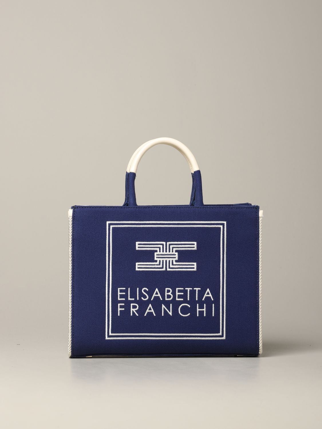 Elisabetta Franchi Outlet: handbag in canvas with embroidered logo - Blue | Elisabetta Franchi