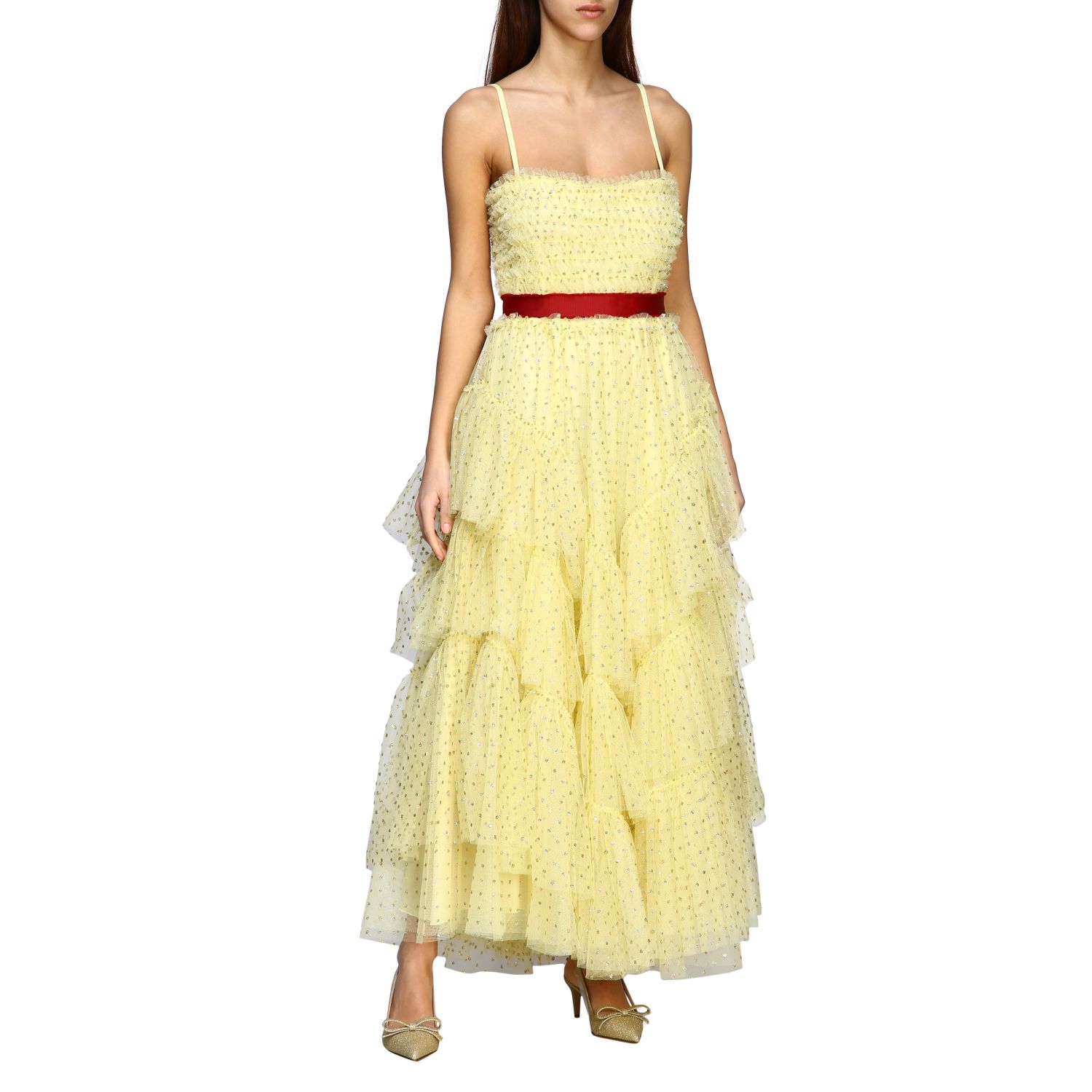 RED VALENTINO: Long dress in tulle with polka dots - Yellow | Red Valentino dress TR3VAP00 4RL online at GIGLIO.COM