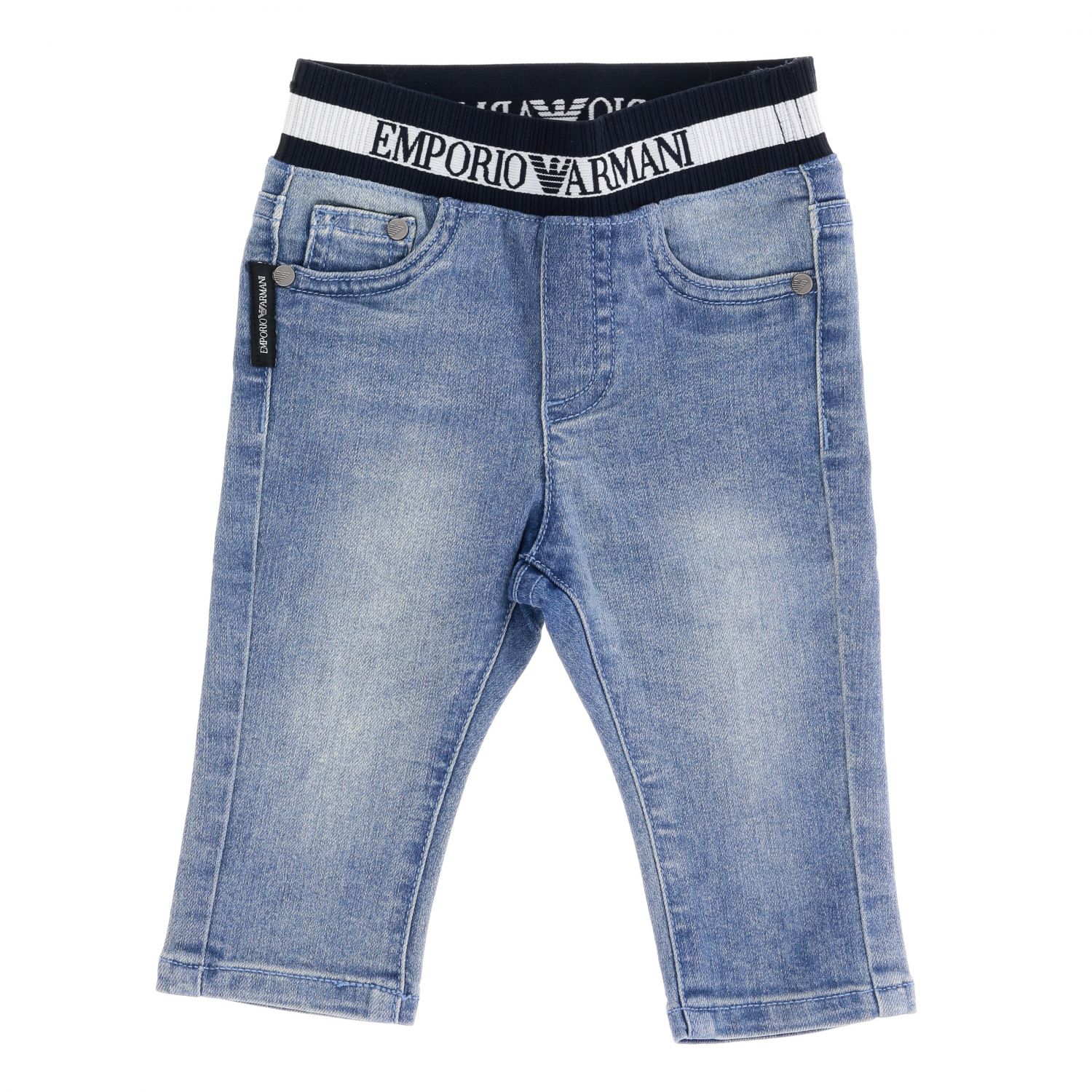 Emporio Armani Outlet: jeans in used denim with logoed band - Denim ...