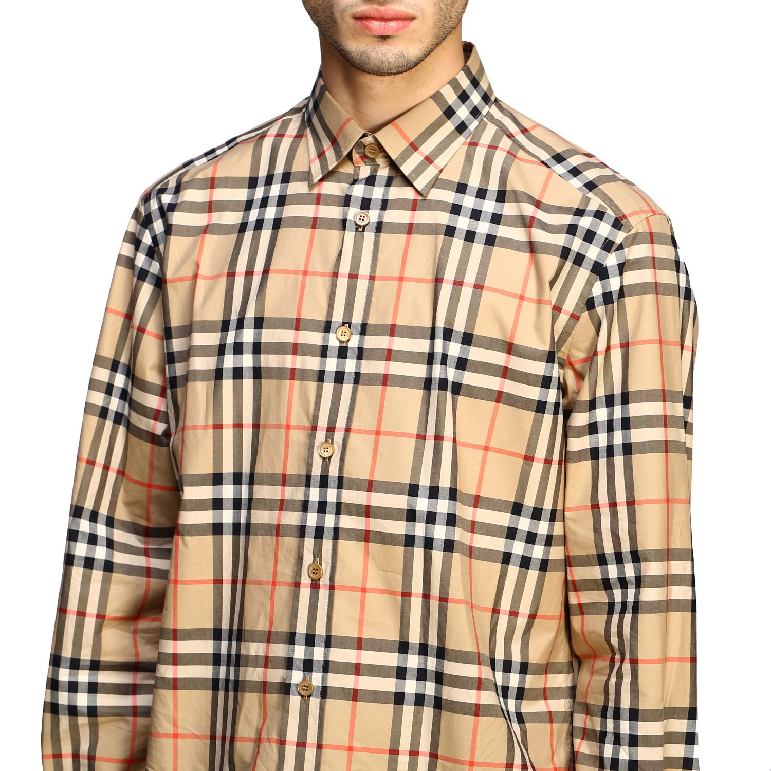Burberry Outlet: long-sleeved shirt with check print - Beige | Shirt