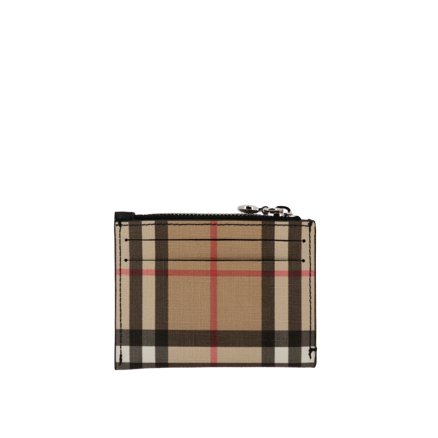 Burberry Outlet: credit card holder in zip check leather - Black | Burberry  wallet 8015133 online on 