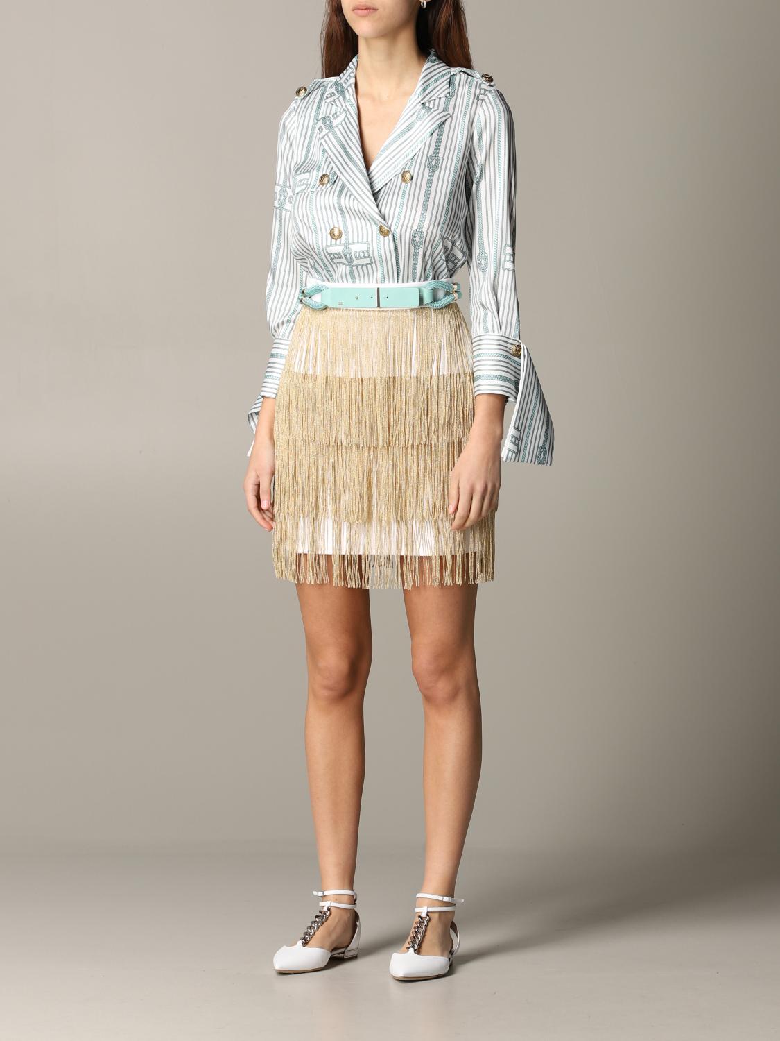 ELISABETTA FRANCHI: Abito con blusa stampata e gonna di frange - Verde | Abito  Elisabetta Franchi AB210 01E2 GIGLIO.COM