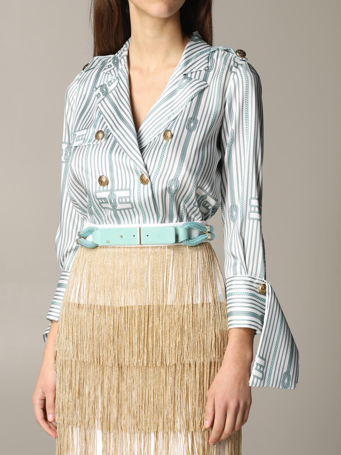 ELISABETTA FRANCHI: Abito con blusa stampata e gonna di frange - Verde | Abito  Elisabetta Franchi AB210 01E2 GIGLIO.COM