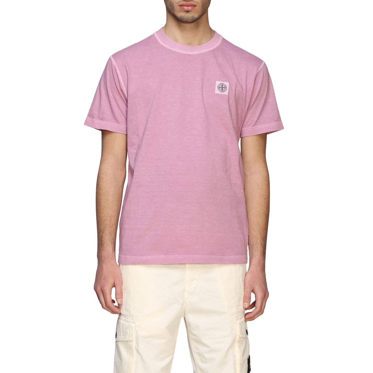 STONE ISLAND: short-sleeved T-shirt with logo - Pink | T-Shirt Stone