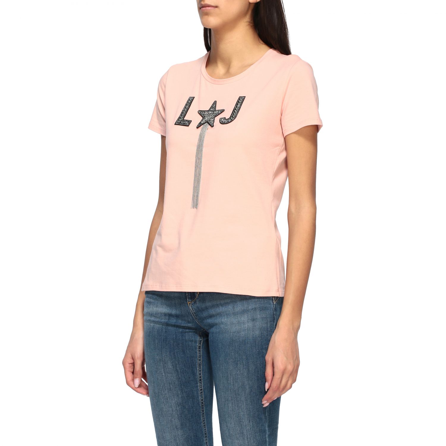 Liu Jo Outlet Tshirt a girocollo con logo di strass e frange Rosa